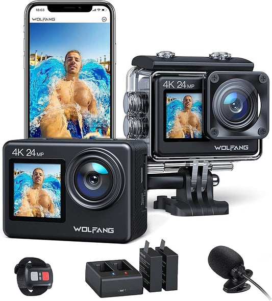 WOLFANG GA200 24MP 4K Action Camera 40M Waterproof Underwater Camera for Snorkeling, EIS WiFi Adjustable Wide Angle Dual Screen Camera for Vlog, Webcam(Charger, Remote Control and Helmet Accessories)