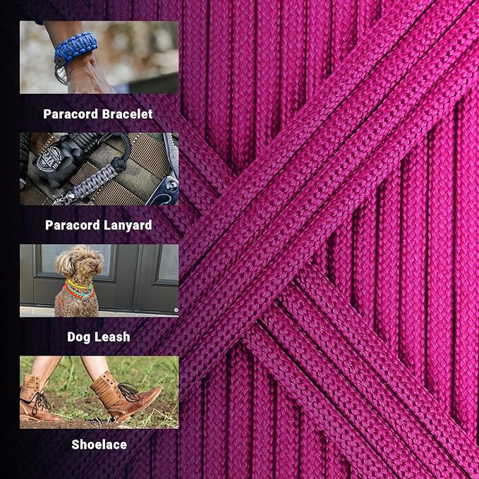 WEREWOLVES Paracord Rope, 7 Strand Type III Parachute Cord 4mm 100ft / 200ft for Crafting, DIY Projects, Survival Bracelets (Rose Pink, 200 ft)