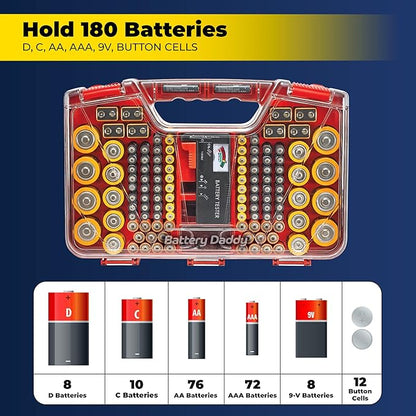Ontel Battery Daddy Storage & Organizer Case with Tester, Stores & Protects Up to 180 Batteries, Double-Sided, Durable Design with Clear Locking Lid, Secure Latches & Portable Carrying Handle - Red