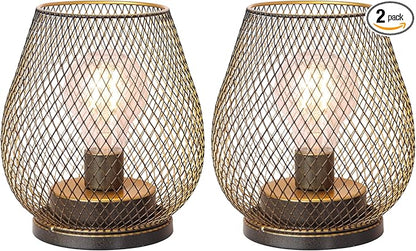 DECORKEY Set of 2 Battery Operated Lamp LED Table Lantern, Golden Metal Cage Cordless Lamps with LED Bulb，Vintage Decorative Outdoor Lantern for Weddings, Parties, Patio, Events for Indoor Shelf Decor