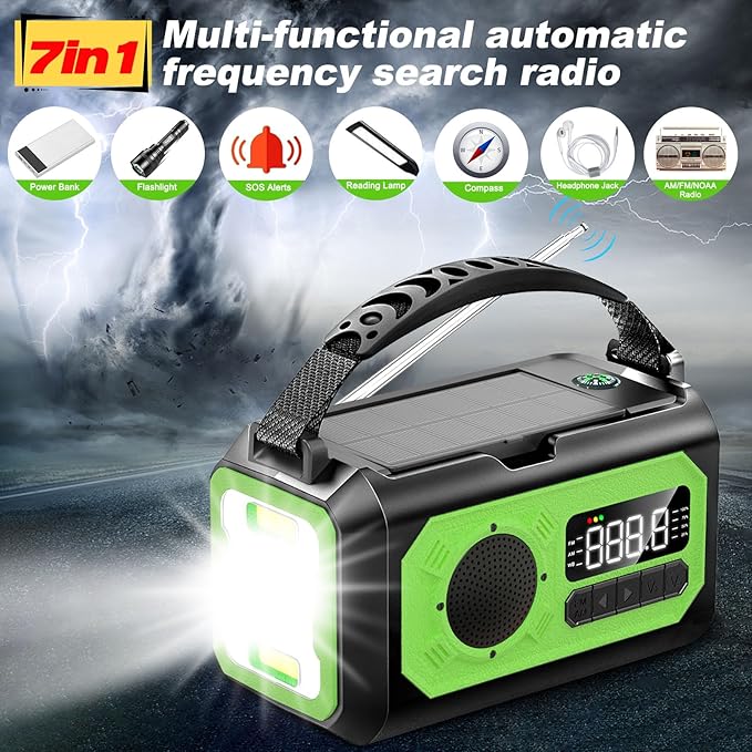 44400mWh/12000mAh Emergency Radio, Hand Crank Portable Solar Radio AM/FM/NOAA Weather Radio with 2 Solar Panels,3 Charging Methods,SOS Alarm,Flashlight,Phone Charger,Compass,Reading Lamp(Grass Green)