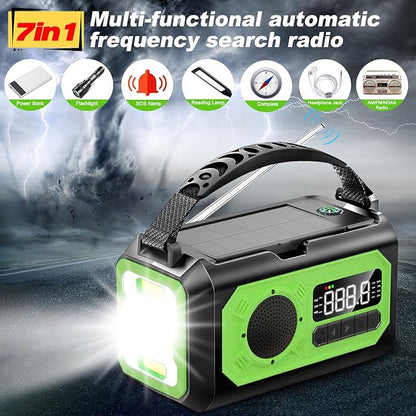 44400mWh/12000mAh Emergency Radio, Hand Crank Portable Solar Radio AM/FM/NOAA Weather Radio with 2 Solar Panels,3 Charging Methods,SOS Alarm,Flashlight,Phone Charger,Compass,Reading Lamp(Grass Green)