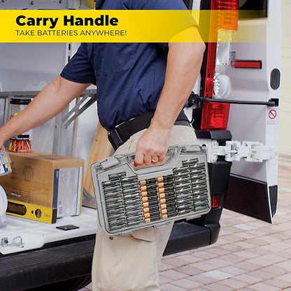 Ontel Battery Daddy Storage & Organizer Case with Tester, Stores & Protects Up to 180 Batteries, Double-Sided, Durable Design W/Clear Locking Lid, Secure Latches & Portable Carrying Handle- Warm Grey