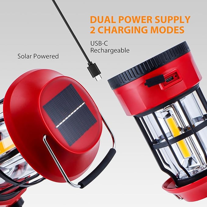 TRIROCKS Set of 2 LED Solar Camping Lantern Dimmable Rechargeable Lantern IPX3 Water-Resistant Portable Emergency Lights Outdoor Camping Lights for Camping Home Power Outage Hurricane Hiking (Red)