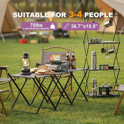 Folding Camping Table & Shelf, 2-in-1 Portable Aluminum Picnic Table and 3-Tier Storage Rack, Lightweight Low Table with Carrying Bag for Outdoor, Beach, Picnic, BBQ and Party