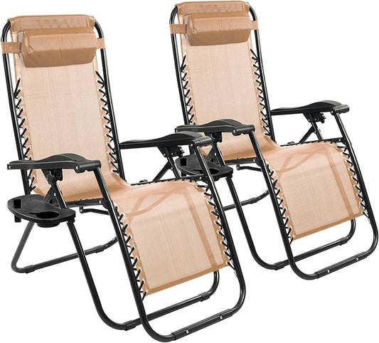 Zero Gravity Chair Set of 2 with Cup Holder & Removable Pillows, Adjustable Reclining Outdoor Patio Folding Chairs Portable Lounge Chair Furniture for Poolside, Lawn, Beach, Camping