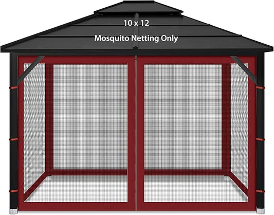 Gazebo Replacement Mosquito Netting Outdoor Universal Gazebo Canopy 4-Panels Screen Sidewalls with Zipper for Patio Garden (Red, 10x12)