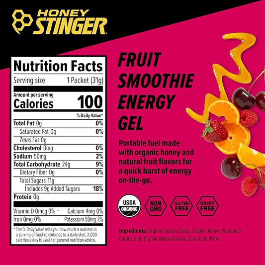 Honey Stinger Organic Fruit Smoothie Energy Gel, Gluten Free & Caffeine Free, for Exercise, Running and Performance, Sports Nutrition for Home & Gym, Pre and Mid Workout, 12 Pack, 13.2 Ounce