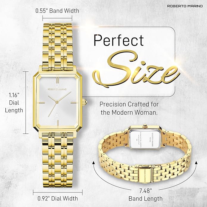 Roberto Marino RM1982 Women’s Luxury Watch Rectangular Gold – Japanese Quartz Movement, Vintage Stainless Steel Design, Silver Dial, Elegant Dress Timepiece, 3ATM Water Resistant – Reloj para Mujer