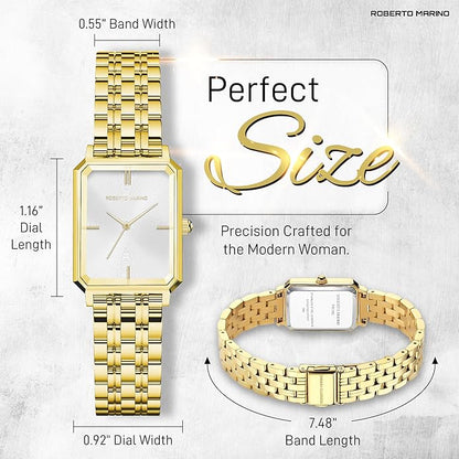 Roberto Marino RM1982 Women’s Luxury Watch Rectangular Gold – Japanese Quartz Movement, Vintage Stainless Steel Design, Silver Dial, Elegant Dress Timepiece, 3ATM Water Resistant – Reloj para Mujer