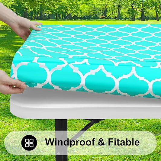 Smiry Rectangle Picnic Table Cover, Waterproof Elastic Fitted Camping Tablecloths for 6 Foot Tables, Wipeable Flannel Backed Vinyl Tablecloth Protector for Indoor, Outdoor (Teal, 36x72 Inches)