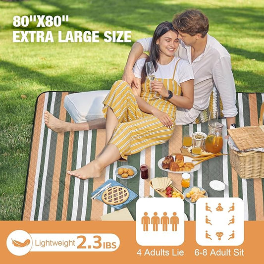 Picnic Blankets Outdoor Extra Large - 80"x80" Waterproof Beach Blanket, Machine Washable 3-Layer Foldable Park Mat with Sandproof Backing for Grass, Hiking, Travel, Concerts, Indoor (Orange)