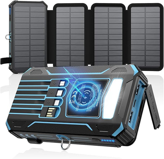 SOARAISE Solar Charger Power Bank - 48000mAh Wireless Portable Charger Built-in 4 Cables and 4 Solar Panels, PD QC 3.0 Fast Charging USB C Battery Pack with Flashlight for Camping Travel (Blue)