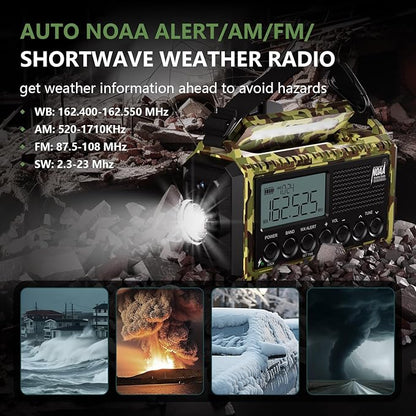 Emergency Weather Radio,12000mAh/44400mWh Solar Hand Crank AUTO NOAA Alert/AM/FM/SW Shortwave Radio with Type-C Charger, Battery Operated Radio,Reading Lamp, SOS & Flashlight for Emergencies