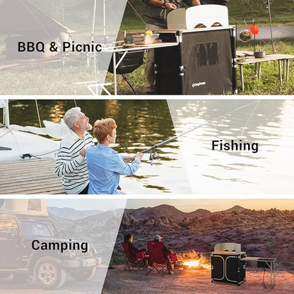 KingCamp Bamboo Camp Kitchen Station, Folding Overland Camping Kitchen Table Hooks Portable Outdoor Cooking with Adjustable Lantern Pole & Windshield Storage Organizer for Tailgating BBQ Picnic RV
