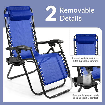 Zero Gravity Chair Set of 2 with Cup Holder & Removable Pillows, Adjustable Reclining Outdoor Patio Folding Chairs Portable Lounge Chair Furniture for Poolside, Lawn, Beach, Camping
