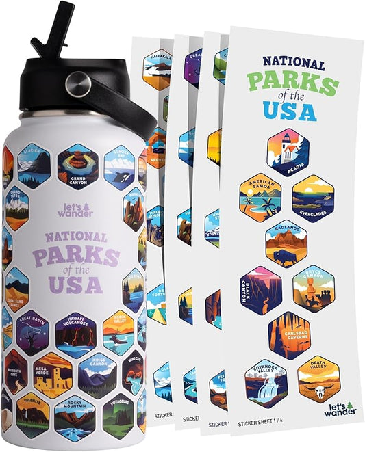 LET'S WANDER National Parks Water Bottle with 63 Waterproof Stickers - 32oz Leakproof Insulated Stainless Steel with Straw - USA Hiker Gift Bottle (White/Purple)