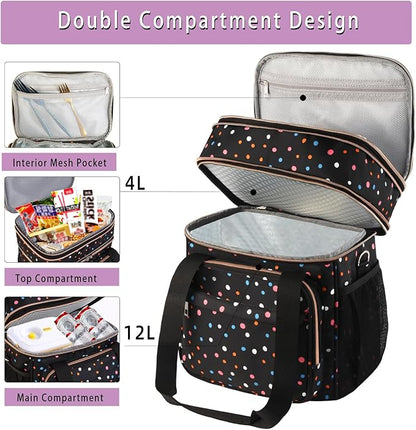 GLENKEY Expandable Lightweight Insulated Lunch Box for Women, Double Deck Large Lunch Bag Leakproof Soft Cooler Bags for Adults Work Office Flight Beach Travel, Polka Dots, 16L
