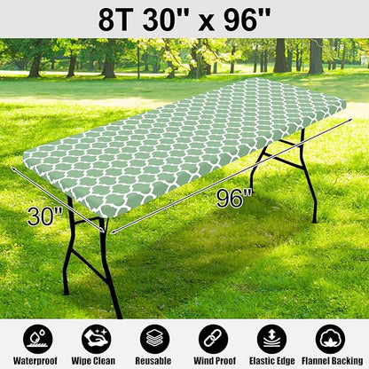 Smiry Rectangle Picnic Table Cover, Waterproof Elastic Fitted Camping Tablecloths for 8 Foot Tables, Wipeable Flannel Backed Vinyl Tablecloth Protector for Indoor, Outdoor (Sage Green, 30x96 Inches)