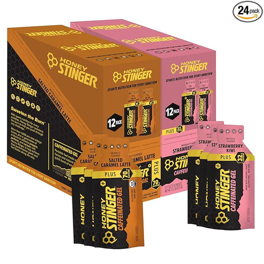Honey Stinger Caffeinated Organic Energy Gel Variety Pack, 12 Packs Each of Salted Caramel Latte & Strawberry Kiwi, Caffeinated & Gluten Free, For All Exercises, Sports Nutrition for Home & Gym
