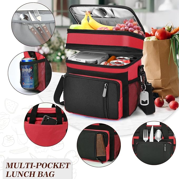 Lunch Box & Lunch Bag for Men Women, Large Insulated Adult Lunch Box, Leakproof Cooler Lunchbox with Bottle Opener for Work Picnic Beach, 16L, Red