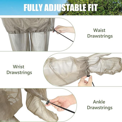 4-Piece Net Suit S/M, Full Body Jacket with Zippered Hood, Pants, Gloves & Foot Covers, Thickened Breathable Mesh, Adjustable Fit for Men & Women, Lightweight for Outdoor, Camping, Fishing & Gardening