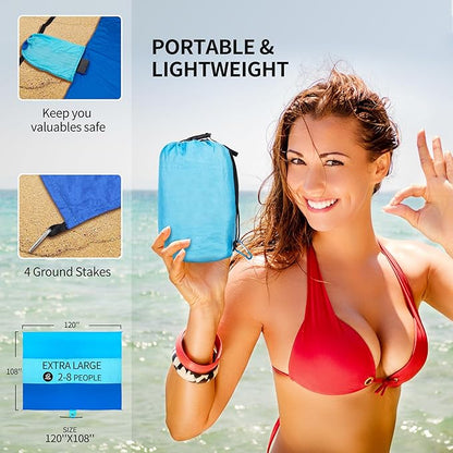 Beach Blanket, Sandproof Beach Mat, Waterproof Quick Drying Lightweight Outdoor Aztec Picnic Mat 79" X 83"/120"x108" for 2-8 Adults for Travel, Camping, Hiking