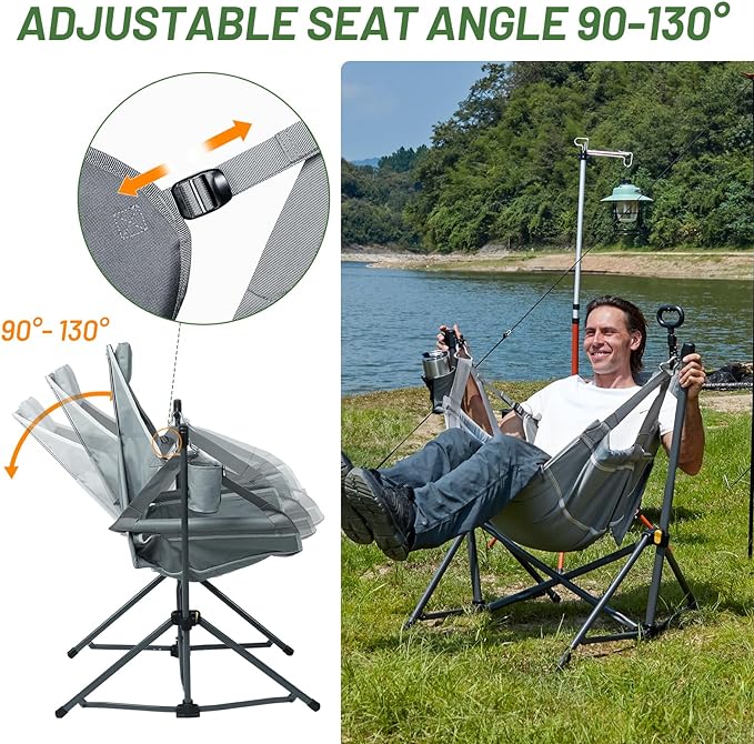 Timber Ridge Hammock Camping Chair with Adjustable Backrest, Heavy Duty Folding Hammock Chair Supports 300lbs, Portable Hammock Chair for Camping, Travelling and Patio, Grey