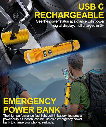 Rechargeable Flashlight High Lumens-12000LM Super Bright Magnetic Flash Light with Power Digital Display,3280Ft Long Range,Dimmable,Waterproof,Pocket Tactical LED Flashlights for Emergency,Gold 1PC