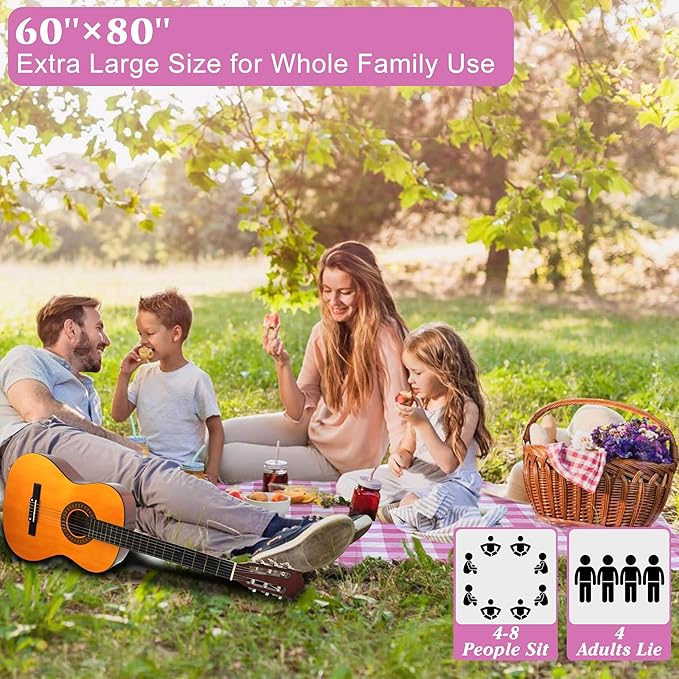 HX&OD Outdoor Picnic Blanket, Extra Large, 80''x60'' Waterproof Foldable Blankets Gingham Picnic Mat for Beach, Camping Grass Lawn Park Accessories Cute Couple Ideas Wedding (Pink, 80”x60”)