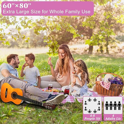 HX&OD Outdoor Picnic Blanket, Extra Large, 80''x60'' Waterproof Foldable Blankets Gingham Picnic Mat for Beach, Camping Grass Lawn Park Accessories Cute Couple Ideas Wedding (Pink, 80”x60”)