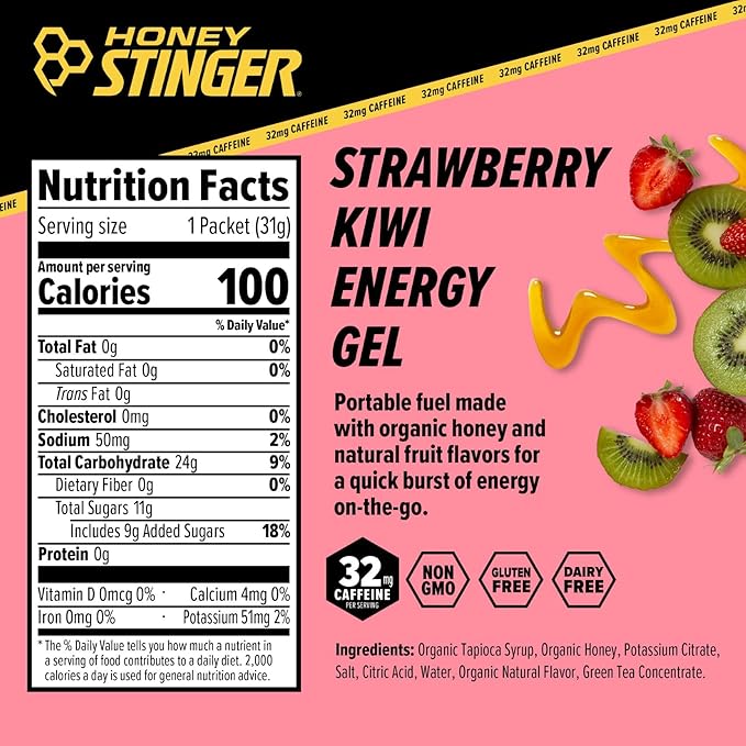 Honey Stinger Strawberry Kiwi Energy Gel, Caffeinated & Gluten Free with Organic Honey, for Exercise, Running and Performance, Sports Nutrition for Home & Gym, Pre and Mid Workout, 24 Pack