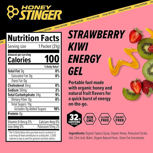 Honey Stinger Strawberry Kiwi Energy Gel, Caffeinated & Gluten Free with Organic Honey, for Exercise, Running and Performance, Sports Nutrition for Home & Gym, Pre and Mid Workout, 24 Pack