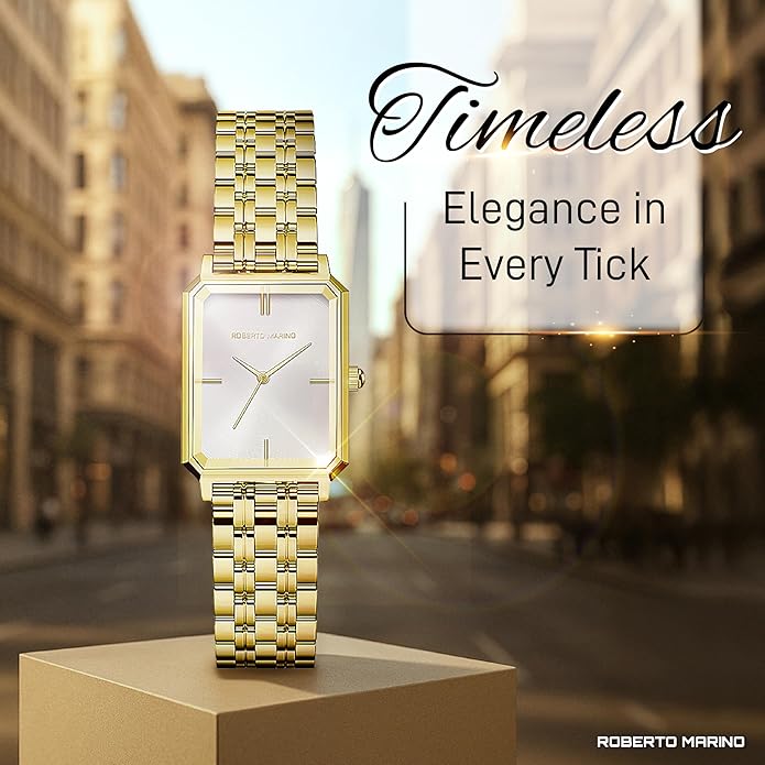 Roberto Marino RM1982 Women’s Luxury Watch Rectangular Gold – Japanese Quartz Movement, Vintage Stainless Steel Design, Silver Dial, Elegant Dress Timepiece, 3ATM Water Resistant – Reloj para Mujer