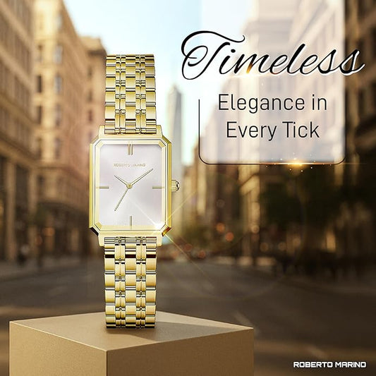 Roberto Marino RM1982 Women’s Luxury Watch Rectangular Gold – Japanese Quartz Movement, Vintage Stainless Steel Design, Silver Dial, Elegant Dress Timepiece, 3ATM Water Resistant – Reloj para Mujer