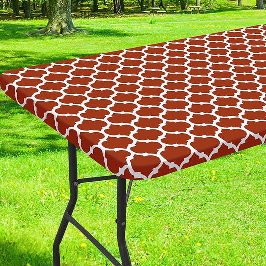 Smiry Rectangle Picnic Table Cover, Waterproof Elastic Fitted Camping Tablecloths for 4 Foot Tables, Wipeable Flannel Backed Vinyl Tablecloth Protector for Indoor, Outdoor (Rust, 30x48 Inches)