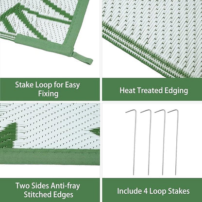 Anidaroel Leaf Outdoor Rugs 6x9ft for Patios Clearance Waterproof, Reversible Tropical Plastic Straw Camping Mat Outside Rug, Large Outdoor Area Rug for RV, Deck, Balcony, Picnic(Green,6'x9')