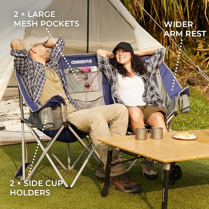 FUNDANGO Oversized Double Camping Chair, 2 Person Folding Padded Loveseat for Adults，660lbs Heavy Duty Chair with Arm Cup Holder for Outdoor Patio Lawn Camp with Carry Bag (Blue)