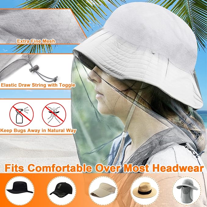 Benvo Mosquito Head Net Mesh, Face Neck Fly Netting Hood from Bugs Gnats Noseeums Screen Net for Any Outdoor Lover- with Carry Bags Fits Most Sizes of Hats Caps (2pcs, Light Grey, Updated Big Net)