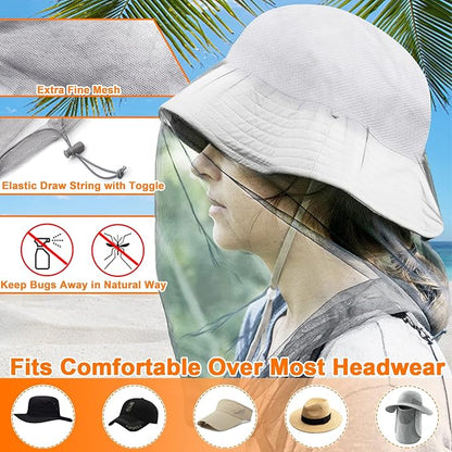 Benvo Mosquito Head Net Mesh, Face Neck Fly Netting Hood from Bugs Gnats Noseeums Screen Net for Any Outdoor Lover- with Carry Bags Fits Most Sizes of Hats Caps (2pcs, Light Grey, Updated Big Net)