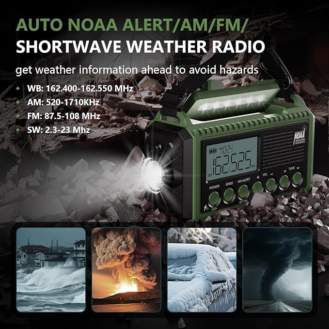 Emergency Weather Radio 12000mAh - Solar Hand Crank NOAA Weather Alert Radio with AM/FM/SW, Rechargeable Battery Charger, Flashlight, Reading Lamp & SOS Alarm, Portable Radio for Emergencies & Outdoor