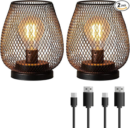 DECORKEY Set of 2 Rechargeable LED Table Lantern, Brown Metal Cage Cordless Lamps with LED Bulb，Vintage Decorative Outdoor Lantern for Weddings, Parties, Patio, Events for Indoors Shelf Decor