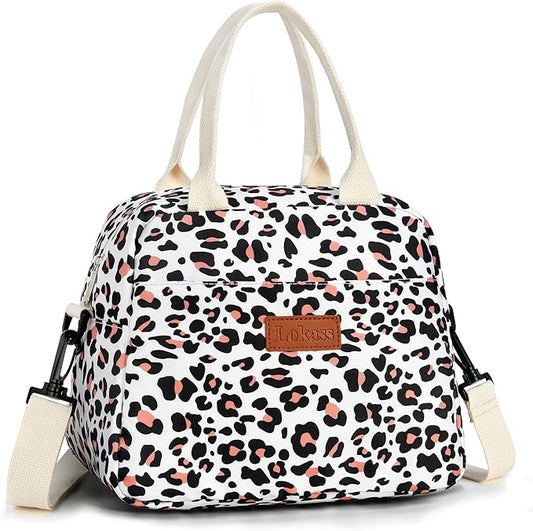 LOKASS Lunch Box for Women-Insulated Adults Lunch Bag with Removable Shoulder Strap&Front Pocket，Cute Lunch Tote for Work-Reusable Leopard Print Cooler Bag for Office Picnic Beach or Travel