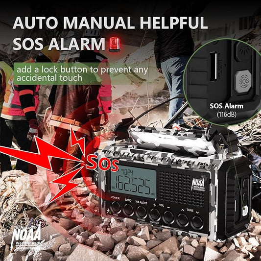 Emergency Radio 12000mAh AUTO NOAA Weather Radio, Solar Hand Crank Portable AM/FM Shortwave Radio with Rechargeable Battery Powered, Flashlight, Reading Lamp, SOS Alarm for Indoor Outdoor Emergencies