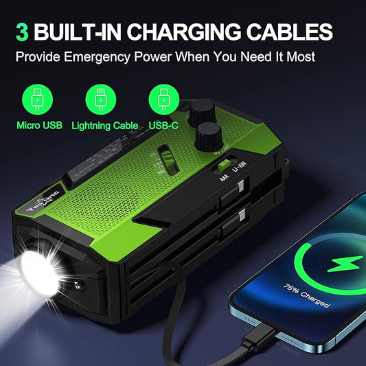 7400mWh NOAA Emergency Weather Radio with 3 in 1 Charging Cable - Solar Hand Crank Alert Radio - 3 Power Supply Methods - SOS Alarm, Flashlight for Hurricane Emergencies