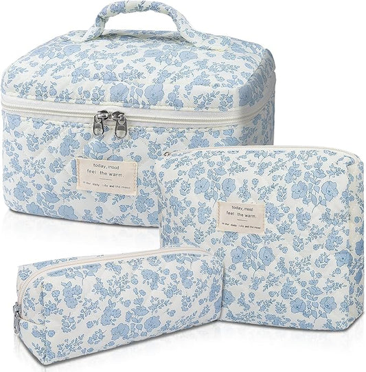 Makeup Bag, Large Quilted Cosmetic Bag, Big Floral Make Up Bag for Women Girls, Cute Cotton Makeup Bag Set, Flower Travel Toiletry Organizer Bag