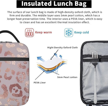 Rose Gold Leopard Lunch Box Reusable Insulated Lunch Bag Thermal Cooler Tote For Boys Girls Teen School Men Women Picnic Travel Hiking