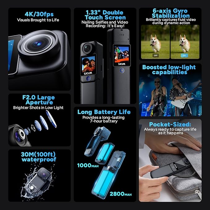 SJCAM C300 4K Pocket Action Camera with Stabilization,64GB Card vlogging Camera,7h use time,30m Waterproof Body cam, Magnetic Werable Camera for Travel,Creators,Vloggers,Kids