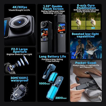 SJCAM C300 4K Pocket Action Camera with Stabilization,64GB Card vlogging Camera,7h use time,30m Waterproof Body cam, Magnetic Werable Camera for Travel,Creators,Vloggers,Kids