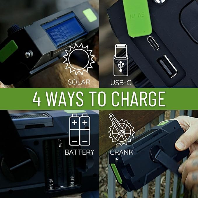 Hand Crank Weather Emergency Radio: Dynamo, Solar, USB and Battery Powered - Upgraded 14800mWh Battery, Flashlight, NOAA Storm Alert, SOS Alarm, 3 External Charger Cables - Cell Phone Emergency Power